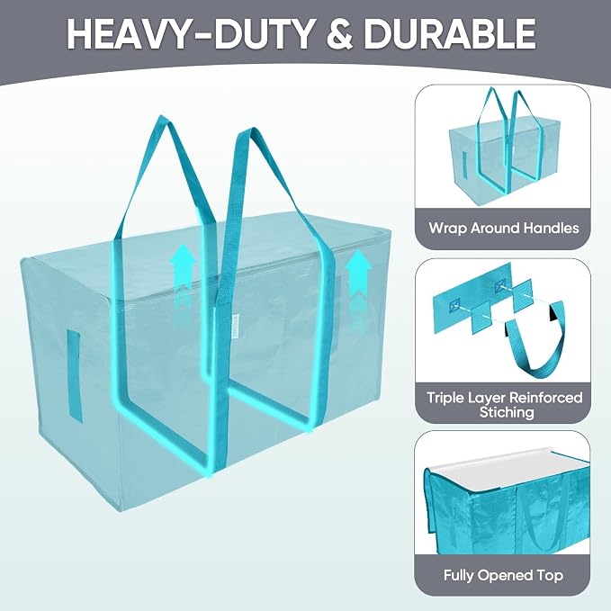 TICONN 2 Pack Extra Large Moving Bags Heavy Duty with Zippers & Carrying Handles, Durable Storage Bags Moving Boxes for Closet Organizers and Storage (2 Pack, Aqua) - Image 3