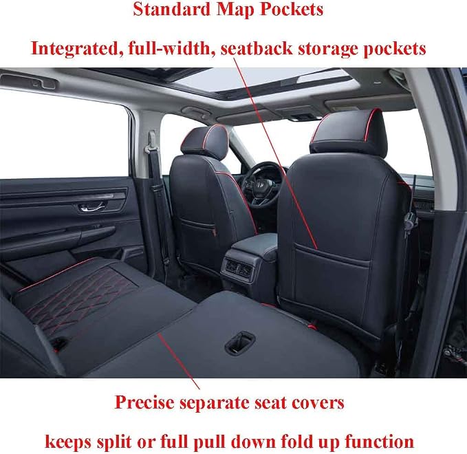 EKR Car Seat Covers for Honda CRV 2017-2022 Leatherette Full Set | Custom Fit for Honda CRV 2017 2018 2019 2020 2021 2022,Factory-Style Interior Upgrade,Faux Leather(Black with Red Piping) - Image 3