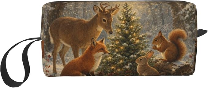 Woodland Christmas Gathering Makeup Bag for Women, Cosmetic Pouch | Double-Sided Woodland Christmas Cosmetic Organizer with Foam Padding for Women, Travel, Gym, School, and Daily Storage by OLUSENMO