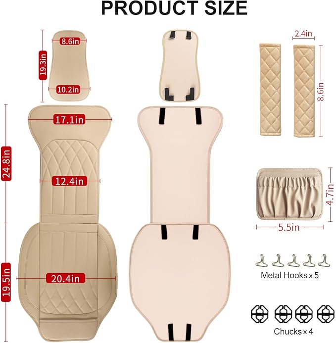 BEITK 2 Pack Waterproof Front Car Seat Covers for Car Truck SUV Beige | PU Leather, Scratch-resistant, Sideless Design, Universal Fit, with Storage Pockets and Seat Belt Pads, Easy to Install - Image 2