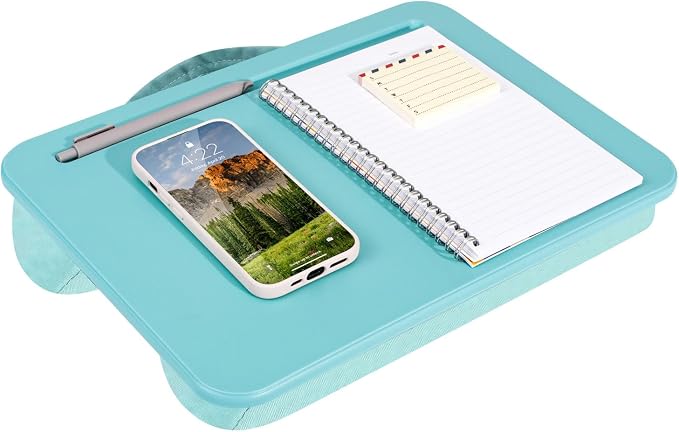 LAPGEAR Compact Lap Desk – Aqua Sky, Fits 14" Laptops | Microbead Cushion, Built-In Pencil Slot, Carry Handle, Fits Standard Letter-Size Paper (8.5" × 11") by LapGear