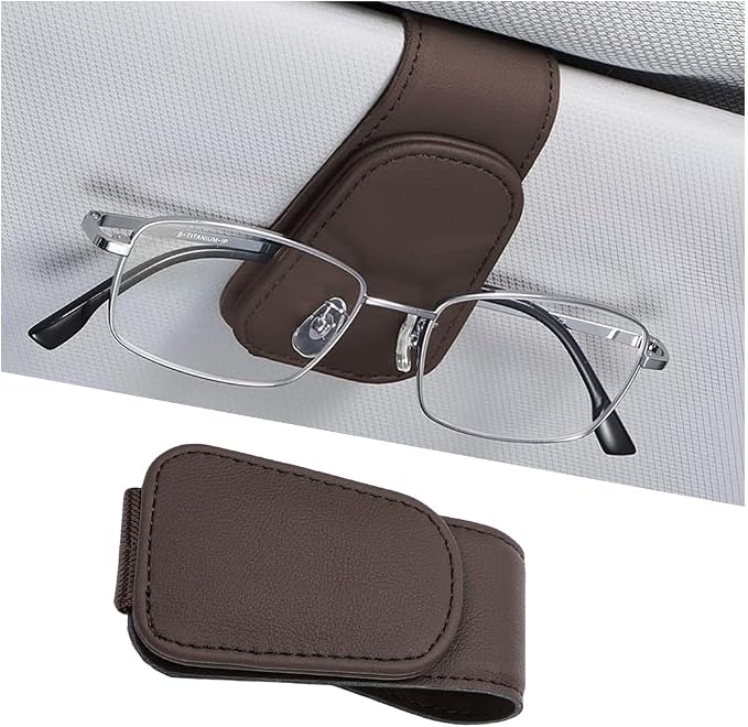 Sunglasses Holder for Car Visor, Microfiber Leather Magnetic Sun Visor Eyeglasses Hanger & Ticket Card Clip, Multi-Function Automotive Interior Glasses Mount, Universal Fit (Brown) by Ywdiml