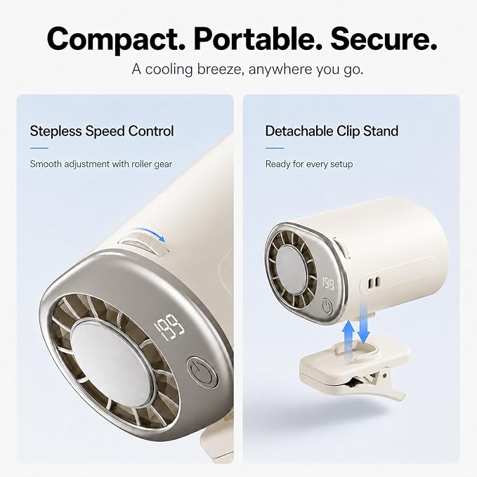 Clip on Fan, 360° Rotate Wearable Mini Fan, 199 Speeds LED Display | 4-in-1 clip fan for car seat, hat & waist. 199 speeds, LED display, 360° rotate, 2000mAh battery, lanyard included. - Image 7