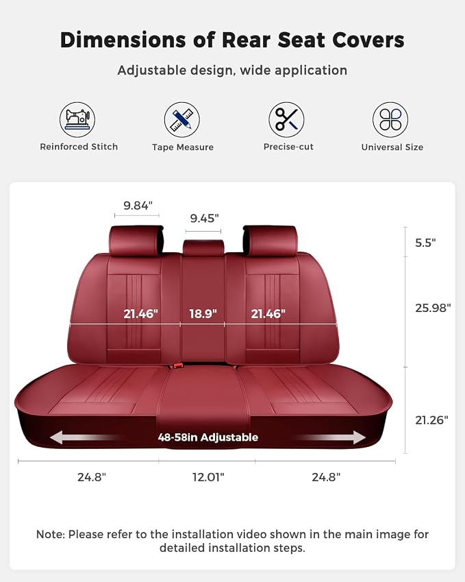 Huidasource Rear Car Seat Cover, Luxury Faux Leather Back Seat Cover, Velcro Adjustable, Compatible with Child Seat, Perforation Cooling＆Heating, Universal Fit for Most Cars, Vans, Trucks, SUVs, Red - Image 2