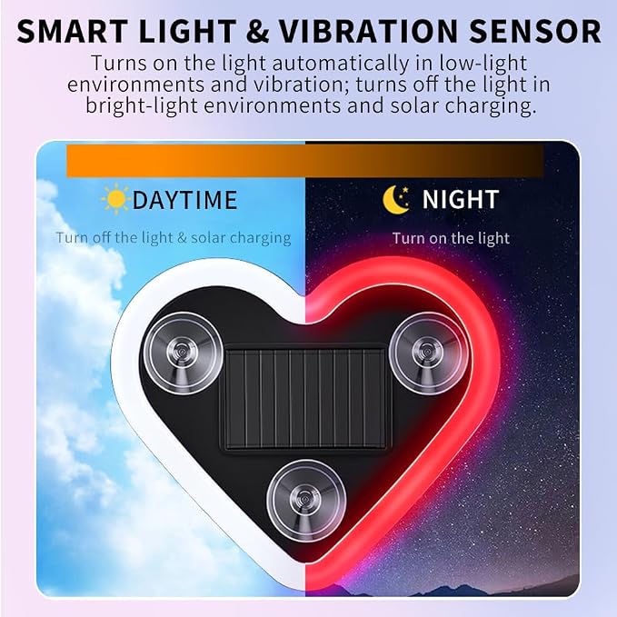 LED Solar Heart Light for Car Window Lights Interior Neon Ambient Lighting Car Accessories for Women Girl Girly Cute Decor Accessory, Smart Light Vibration Sensor, Red, 2 Pack - Image 5