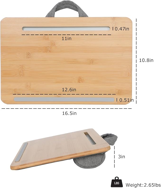 Bamboo Lap Desk for Laptop with Cushion Tablet Phone Holder Handle | Laptop Stand with Anti-Slip Strip Fits up to 14 inch Portable Computer Lap Desk for Couch, Bed & Car - Image 3