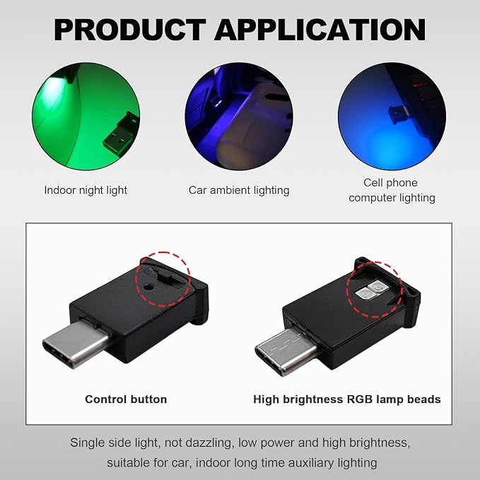 DXNQ 2PCS USB Type C LED Ambient Light, 8 Colors RGB Dynamic Atmosphere Lamp Car Interior Decor USB Night Light, Adjustable Bright Plug-in Mini Ambient Lighting Kit for Car Laptop - Image 4