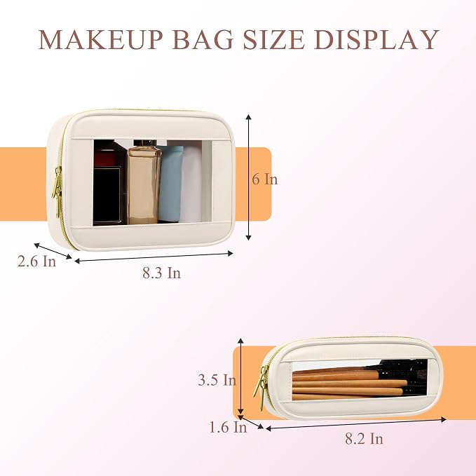 2-Piece Leather Clear Makeup Bag Set, Clear Cosmetic Bag with Zipper, Waterproof Makeup Brush Bag, TSA Approved Toiletry Bag for Travel, Car Organization for Women (Beige-2, Slim+Medium) - Image 2