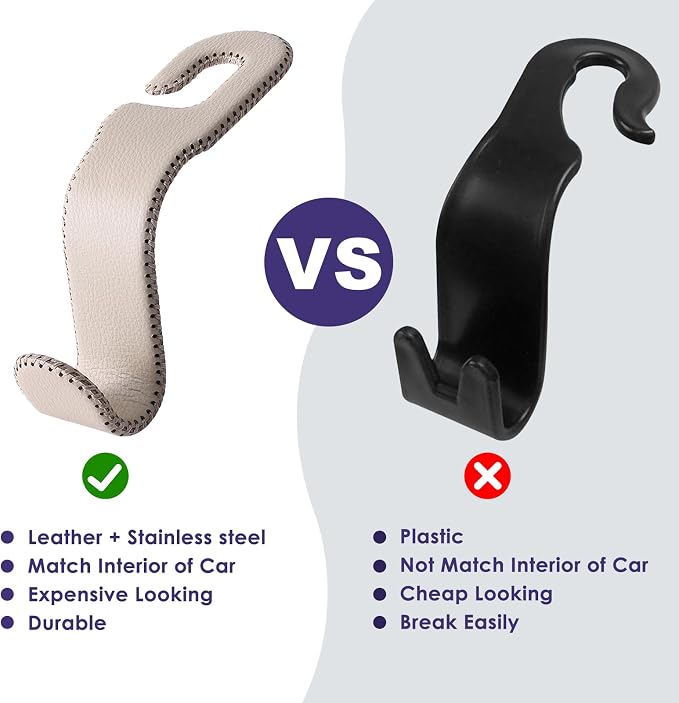 AMVOYOA Leather Car Hooks for Headrest - Fully Leather-Wrapped U-Shaped Purse Holder for Car, Flexible Seat Back Organizer & Durable Car Accessories for Purses, Bags, Coats & More (Beige, 2 Pack) - Image 5