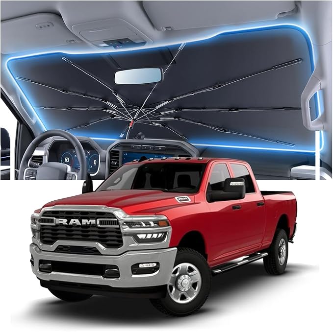 Car Windshield Sun Shade Umbrella for Ram 1500/2500/3500 2011~2026(Ice Crystal + Fabric + Black Film), Keeps Car Cool, Foldable Sunshade with Soft Edge, Easy Storage with Bag by Amadaw