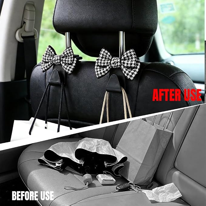 2PCS Car Seat Headrest Hooks, Car Purse Hook, Cute Bow Knot Vehicle Seatback Hanging Storage Organizer, Auto Seatback Decor Organizer Hanger for SUV Truck (Small Houndstooth/Black) - Image 4