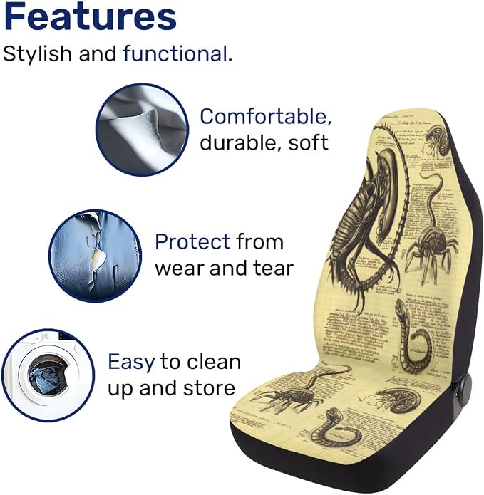 GENANY Vintage Alien Sketch Car Seat Covers, 2-Piece Front Seat Set | 2-piece polyester front seat cover set, each 49.5 x 19.6 inches, with adjustable straps and hooks - Image 5