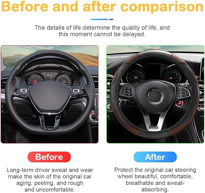 Osilly 15 Inch Carbon Fiber PU Leather Steering Wheel Cover, Black/Coffee | full-wrap protective surface, flexible ringless design, hand-stretch setup, fits matching rim sizes, automotive accessories - Image 3