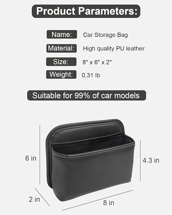 Car Seat Side Pocket Organizer for Car Doors and Consoles, Off-Black | Reusable Adhesive Car Storage Bag, Holds phones keys wallet sunglass etc, Suitable for all vehicles, PU Leather - Image 2