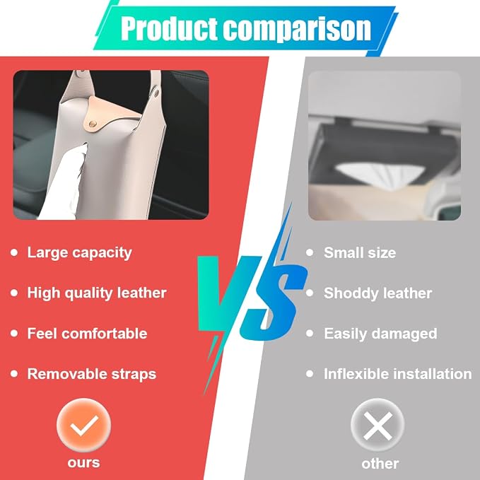 Car Tissue Holder, Large Car Headrest Hanging Tissue Box Cover, PU Leather Auto Napkin Holder, Universal Vehicle Backseat Paper Organizer for Cars Sun Visor (Grey) - Image 4