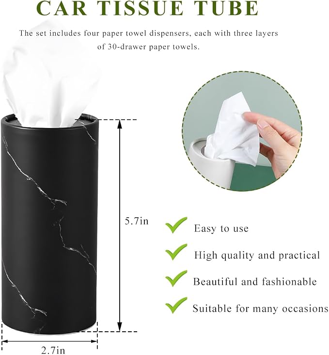 4 PCS Car Tissue Holder, Refillable Auto Cup Holder Round Napkin Container with Facial Tissues, Portable Tissue Box Paper Towel Cylinder for Most Vehicles, Car Accessories (Marble Black) - Image 2