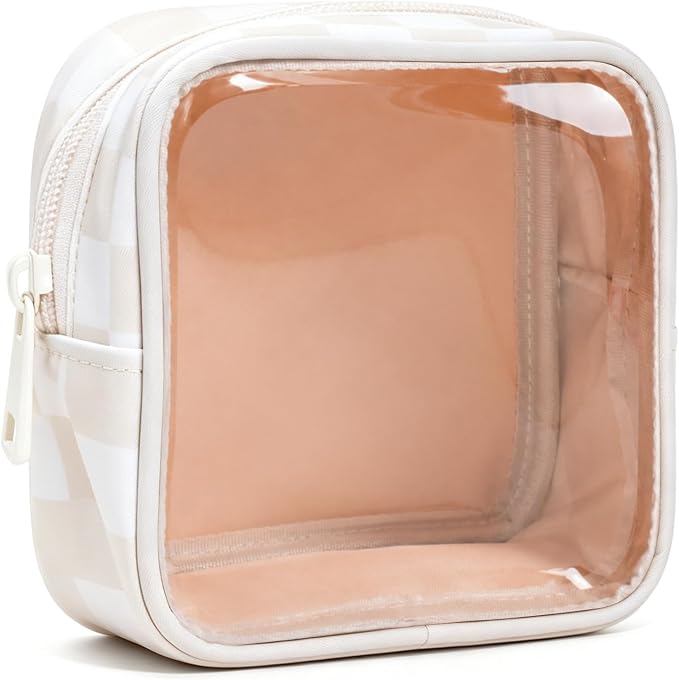 Clear Checkered Makeup Bag, Small Cosmetic Pouch with Zipper Mini Waterproof Makeup Purse Organizer Cute Cosmetic Bag Travel TSA Approved Toiletry Bag Car Organizer for Women Girls (Beige) by FFpaw