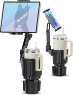 Porfortop 2-in-1 Cup Holder Tablet Mount Expander, 2-Section Foldable 15" Height Adjustable Arm & 360° Rotation, Universal Fit for iPad, iPhone, All Smartphones and Most Bottles for Car SUV Truck by Porfortop
