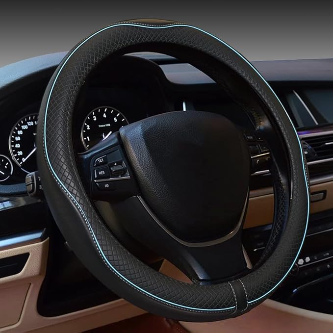 Car Steering Wheel Cover,Anti-Slip, Safety, Soft, Breathable,Heavy Duty, Thick,Full Surround,Sports Style (Black with Light Blue Line) by Rsept