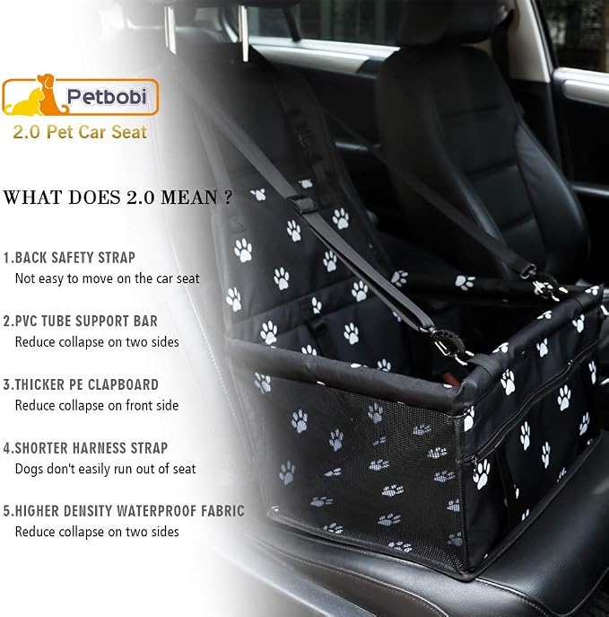 Petbobi Dog Car Seat for Small Dogs and Cats up to 15 lbs, Portable Booster | Black Paw Print, Water-resistant Oxford fabric, PVC Tubes, Folds Flat, Clip-on Leash Keeps Pups Secure and Drivers Focused - Image 8