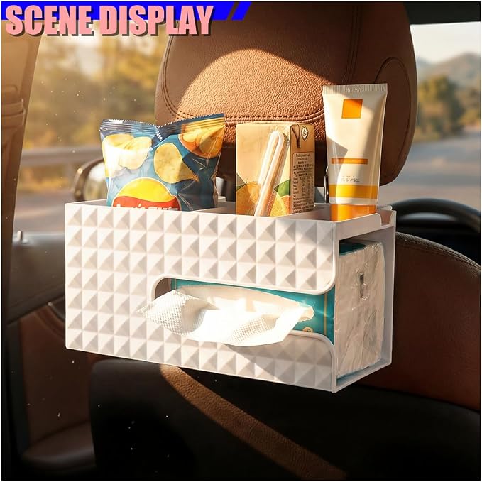 Car Back Seat Organizer, Automotive Drink Cup Holder with Hooks, Multifunctional Tissue Storage Box with Phone Holder, Vehicle Interior Organizer Accessories for Sedan, SUV, Truck (White) - Image 3
