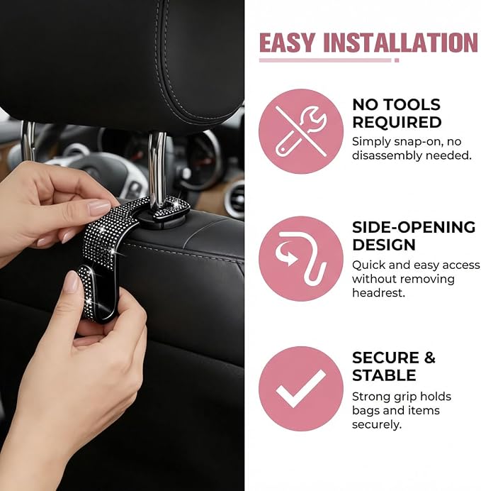 4PCS Bling Car Seat Headrest Hook, Crystal Rhinestone Backseat Hanger Organizer for Purse Handbag Umbrella, Shiny Auto Interior Seat Back Storage Holder Hook, Universal Fit (Black) - Image 3