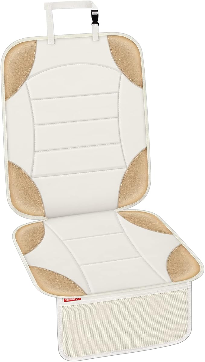 Sinvitron Car Seat Protector for Child Car Seat - Waterproof Non-Slip Leather Mat with 2 Mesh Pockets, Universal Seat Cover for Baby, Pets & Vehicles (1-Pack, Off-White) by Sinvitron