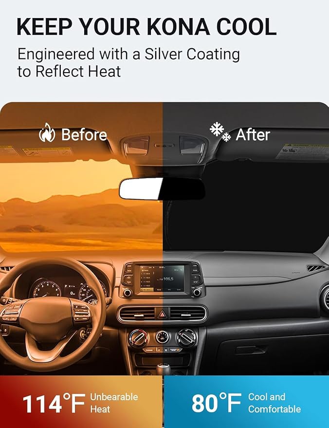 Proadsy Custom Fit 2018-2025 Hyundai Kona Windshield Sun Shade, Blocks Heat | 240T Heat Shield, Drops Temp 54°F, Blocks 99% UV, Prevents Dashboard Cracking, Summer Parking & Beach Trips, Easy Twist-Fold - Image 3