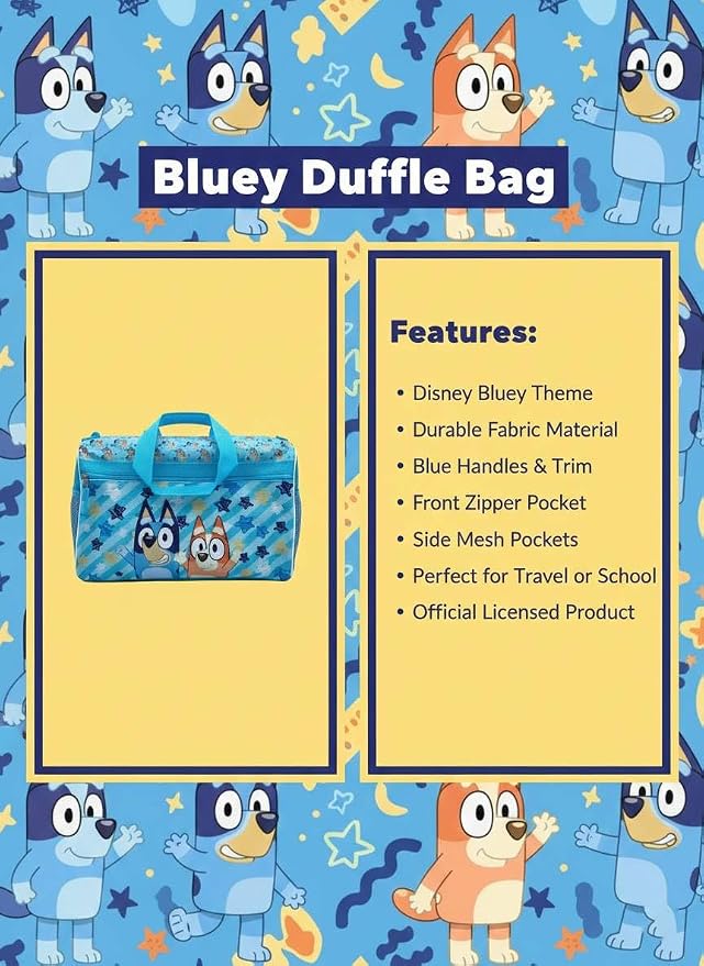 Bluey Kids’ Duffle Bag – Bluey & Bingo Travel Gym Bag with Adjustable Shoulder Strap, Mesh Side Pockets & Zipper Pocket - Image 5