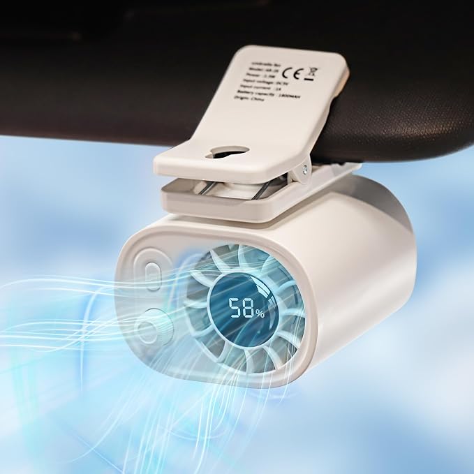 EVADA Car Clip On Fan with LED Display, 360° Rotating, 100 Speed Adjustable, Portable USB Rechargeable 1800mAh Battery Personal Cooling Mini Fan Handheld for Summer, Office, Outdoor, Travel - White - Image 8