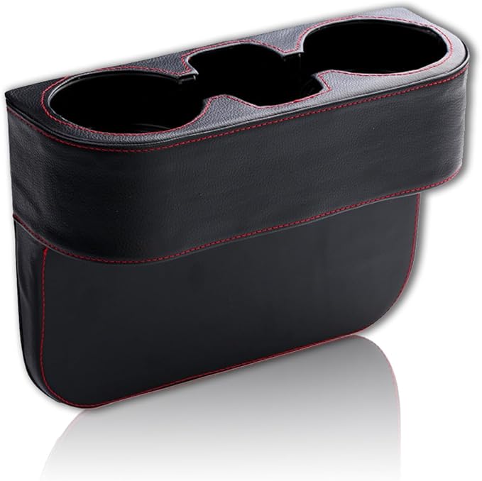 Car Cup Holder, PU Leather Auto Front Seat Organizer, Multifunctional Cup Drink Holders, Gap Filler Storage Box Coin Bucket Console Side Pocket Cell Mobile Phone Holder (Black) - Image 2