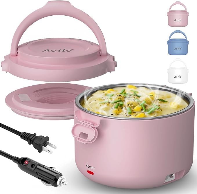 Electric Lunch Box, 32 oz Portable Food Warmer Heater, Lunch Warmer Portable for Work/Office/Car/Travel 12V/24V/110V 3-in-1, Warming Soup & Meal, Spill-Free, Men & Women's Gifts, Pink by Aotto