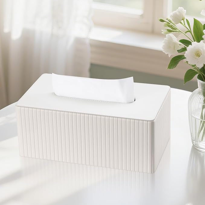 KINGFOM PU Leather Tissue Box Cover Rectangular Tissue Box Holder with Magnetic Bottom, Napkin & Facial Tissue Holder Dispenser for Home, Office for Standard 120-count/160-count (2-Ply) White Stripe - Image 6