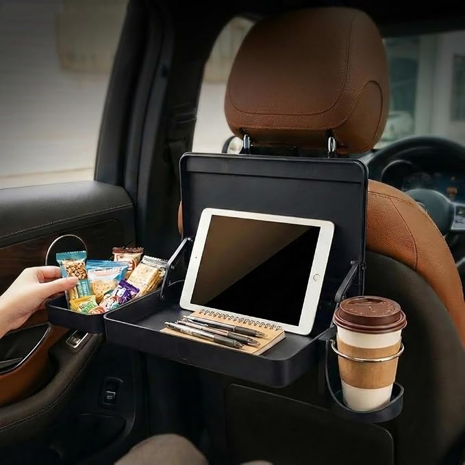 Car Back Seat Tray Table - Foldable & Adjustable Travel Desk for Eating, Working, Gaming | Sturdy Plastic Snack Lap Tray for Adults | Fits SUV, Sedan, Minivan (Folding Storage Box) by Unknown