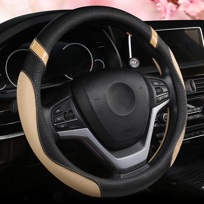 Steering Wheel Cover for Car Leather Universal Steering Wheel Covers for Men Women Fit Cars SUV Truck Pickup 15inch (Beige) by Cxtiy