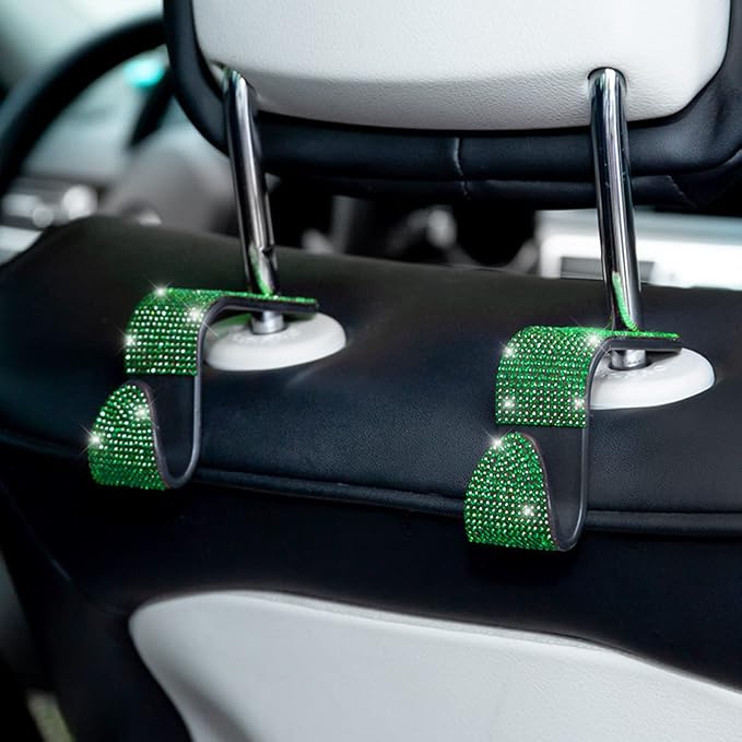 Moly Magnolia Bling Car Seat Headrest Hooks, 4PCS Handcrafted Rhinestones Seat Hanger Organizer for Handbag Purse Scarf, Universal for Cars, Auto Interior Accessories for Women Men (Green) - Image 5
