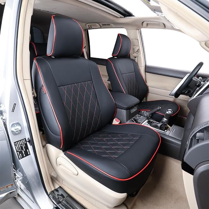 EKR Car Seat Covers Custom Fit for Toyota 4Runner(5 Seats) Full Set | for Toyota 4 Runner 2010-2024 Seat Covers for SUV,Airbag Compatible,Pet-resistant,Faux Leather(Black with Red Piping) by EKR