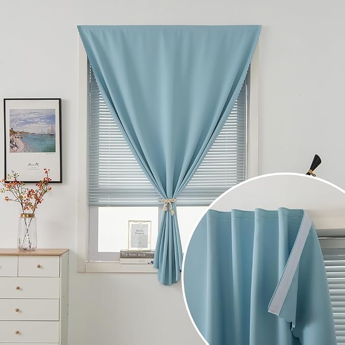 Self Adhesive Curtains, Portable Blackout Curtains Fabric Curtains for Living Room No Drilling, 59" W X 96" L, Lake Blue, 2 Panels - Image 6