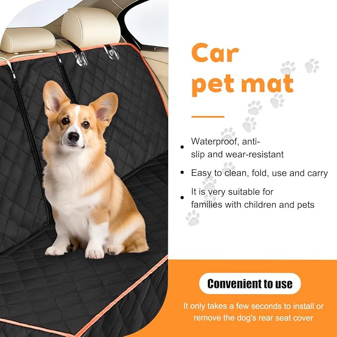 Oxford Dog Back Seat Cover with Side Flaps, Orange Border | water-resistant surface, non-slip backing, headrest straps, belt openings, fits most rear seats, interior accessories - Image 4