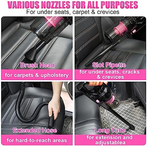 Car Vacuum Cordless Rechargeable, 8000PA High Power Handheld Vacuum Cleaner with 17PCS Car Cleaning Kit, Pink Auto Accessories for Women Gift - Image 5