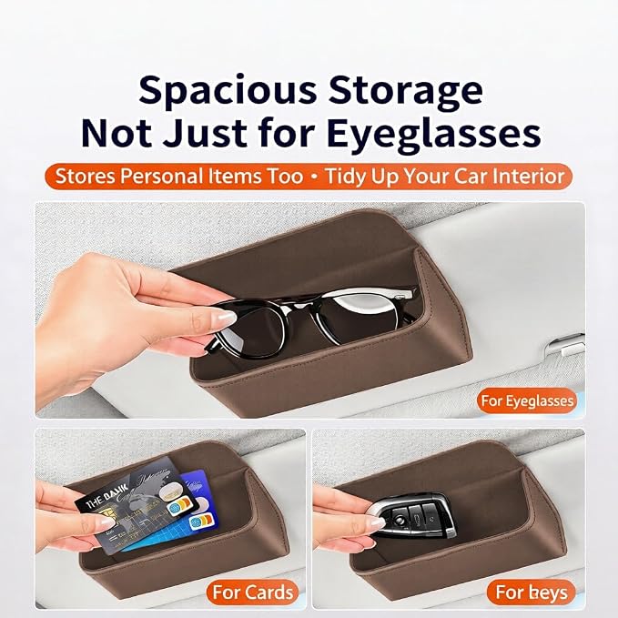 Magnetic Car Sunglasses Holder - Beige Nappa Visor Glasses Case | One-Handed Eyeglass Clip for Large Frames heat-resistant storage for aviators & cards,damage-free,vanity mirror friendly - Image 3