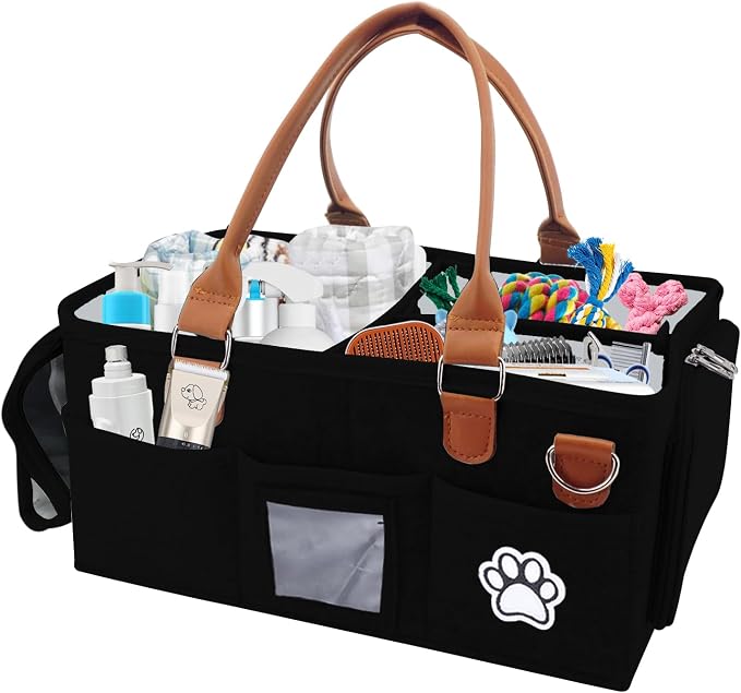 Felt Dog Grooming Bag,Portable Tote Bag for Dogs Cats,Dog Storage Organizer for Grooming Tool Kit,3 Compartments Pet Stuff Oganizers with 8 Pockets-Black by Brabtod