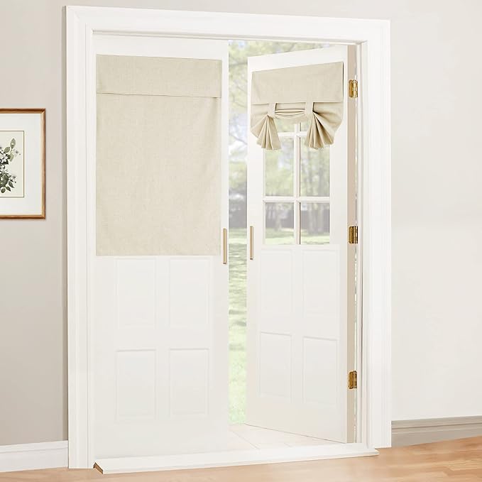RYB HOME Natural Linen Textured French Door Window Curtains 100% Blackout | Self Adhesive, Thermal Insulated Privacy Energy Saving, Shades for Nursery Office Patio Glass Door, W34 x L40, 1 Panel by RYBHOME