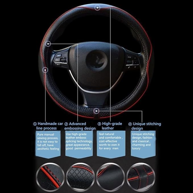 Car Steering Wheel Cover, Anti-Slip, Safety, Soft, Breathable, Heavy Duty, Thick, Full Surround, Sports Style (Black with Red line) - Image 4