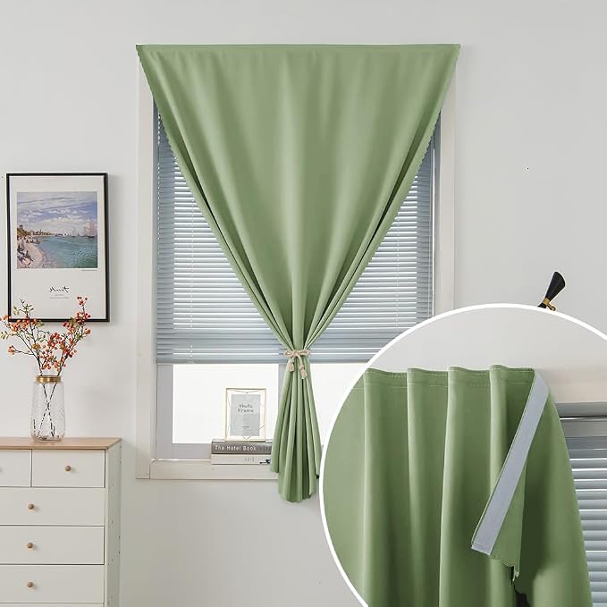 Magic Tape Blackout Curtains for Bedroom No Drillng Self Adhesive Curtains No Rod Small Window, 35" W X 71" L, Sage Green, 1 Panel - Image 2