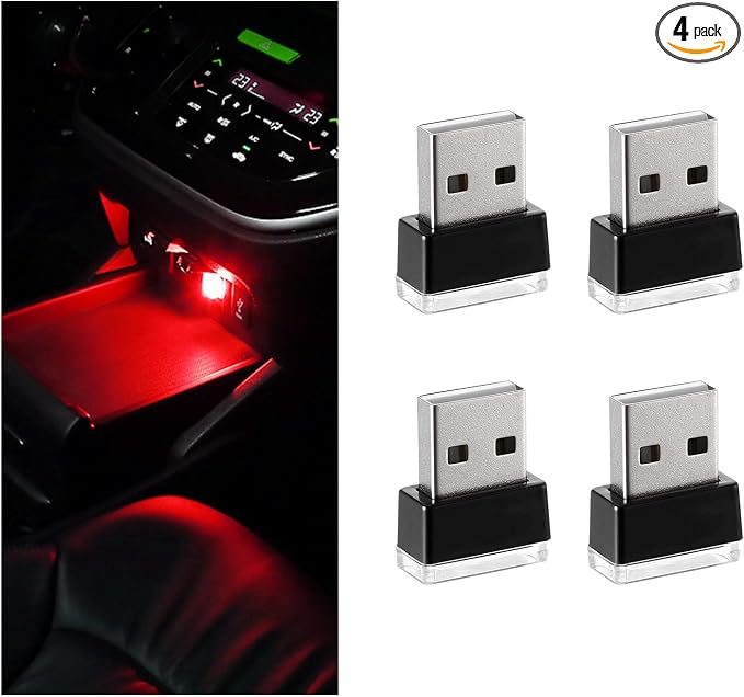 4 PCS USB LED Car Interior Atmosphere Lamp, Portable Mini LED Night Light, Plug-in USB Interface Trunk Ambient Lighting Kit, Universal Interior Car Accessories (Red) by Sylvil