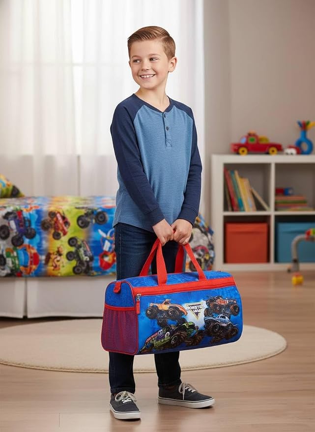 Monster Jam Kids’ Duffle Bag – Truck-Themed Travel Gym Bag with Adjustable Shoulder Strap, Mesh Side Pockets & Zipper Pocket - Image 3