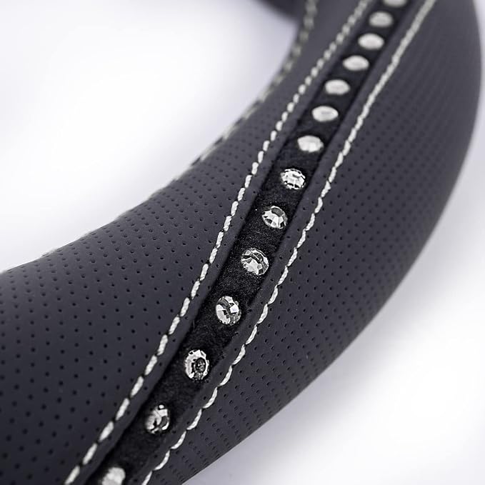 CAR PASS Bling Diamond Black Leather Steering Wheel Cover, Studded Crystal Rhinestones Universal Fit 14" 1/2-15" Glitter for Women Sparkle Girl Fit Suvs,Vans,Sedans,Car,Trucks, Silver Diamond - Image 7