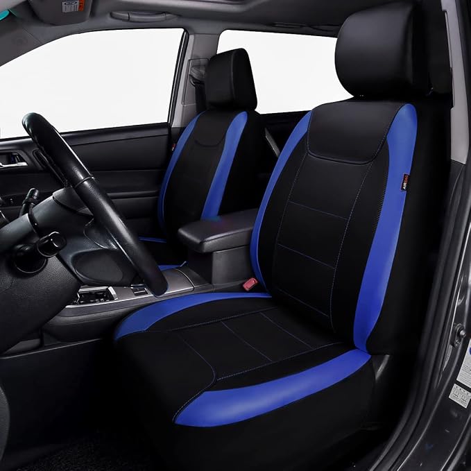 Flying Banner car seat Covers Protects Water Proof Faux Leather Carbon Fiber Front and Rear Bench (Blue Black, Full Set - 9PCS) - Image 2