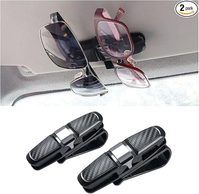 2PCS Glasses Holders for Car Sun Visor, Glasses Clip Organizer, Sunglasses Eyeglasses Mount with Ticket Card, Car Sun Visor Double-Ends Clip, 180 Degree Rotational Car Glasses Holder by GLSOWEE